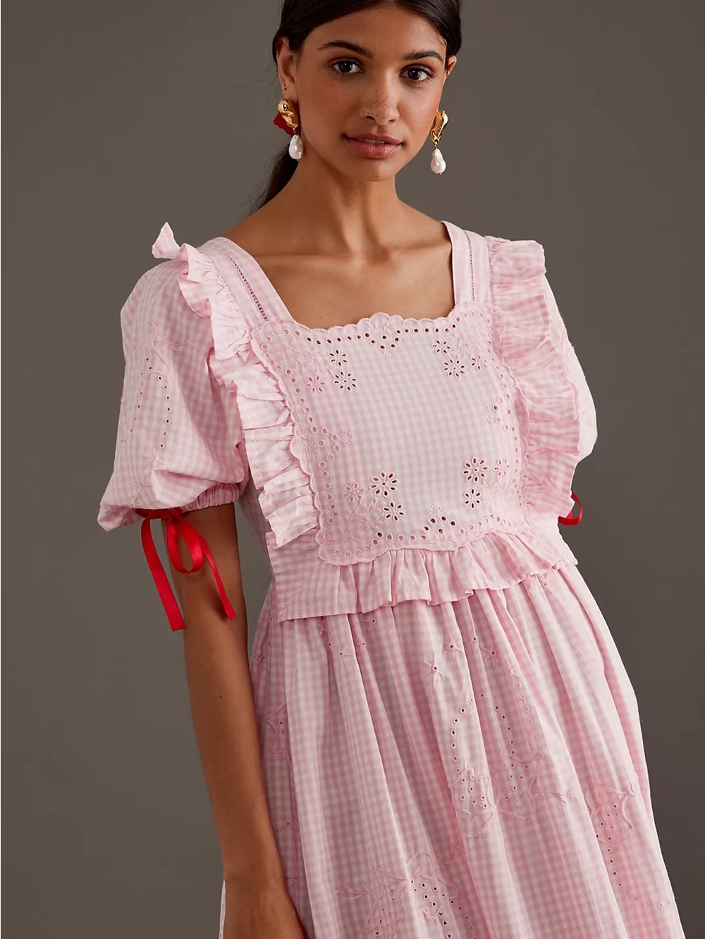 Damson Madder Rhea Puff-Sleeve Midi Dress Pink Gingham Sz US 10 - Picture 3 of 16